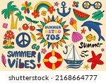 Retro 70s summer vibe, hippie stickers, psychedelic groovy elements. Cartoon funky marine sea, palm vacation rainbow, vintage hippy style element. vector illustration.