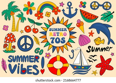 Retro 70s summer vibe, hippie stickers, psychedelic groovy elements. Cartoon funky marine sea, palm vacation rainbow, vintage hippy style element. vector illustration.