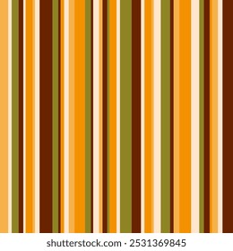 Retro 70s thin vertical stripes Vector Pattern. Multicolored autumn stripes brown, orange, moss green, cream seamless pattern.