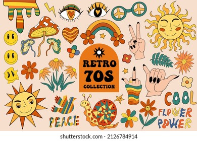 Retro 70s vibe, hippie stickers, psychedelic groovy elements. Cartoon funky flowers, rainbow, vintage hippy style element. Vector illustration