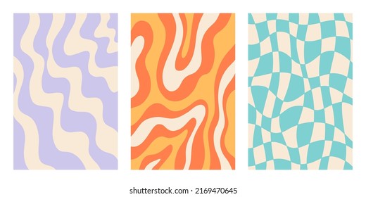 Retro 70s Wavy Abstract background covers set. Trippy Glitchy vector illustration collection, groovy tags template. Geometric distorted backdrop 1960s-1970s Hippie style fluid brochure, banner design.