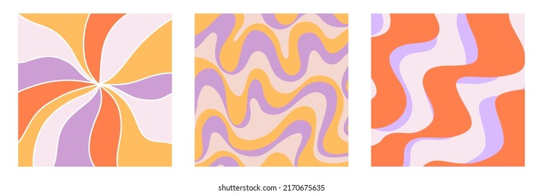 Retro 70s Wavy Abstract background covers set. Trippy Glitchy vector illustration collection, groovy tags template. Geometric distorted backdrop 1960s-1970s Hippie style fluid brochure, banner design.