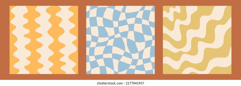 Retro 70s Wavy Abstrakte Hintergrundabdeckungen Set. Trippy Glitchy Vektorgrafik Sammlung, groovy Tags Vorlage. Geometrisch verzerrter Hintergrund 1960er-1970er-Jahre Hydrobroschüre im Hippie-Stil, Bannerdesign.
