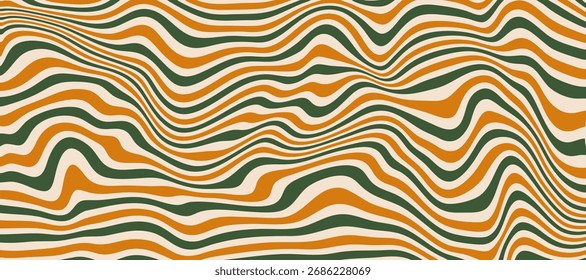 Retro 70er Jahre gewellt gestreiften Hintergrund Muster. Eine abstrakte Textur mit groovigen Linien in Orange, Grün und Gelb für Vintage-Tapeten oder Stoffdrucke.