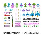 Retro 8 bit arcade game design set with icons, signs, font alphabet. Ufo aliens, space ships. Vintage 8 bit computer game assets. Pixilated Space arcade characters. Isolated vector illustration
