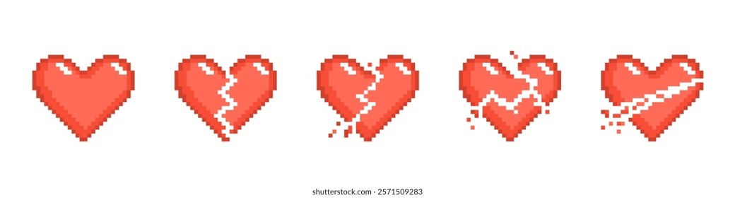 Retro 8 bit broken pixel heart. Frame by frame split love symbol, romantic icon, life indicator in vintage video arcade game, front ui elements, heartbreak sign, nowaday vector isolated set