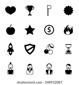 Retro 8 bit games icons black set with pixel people weapon and awards isolated vector illustration