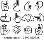 Retro 8 bit pixel art hands showing various gestures including thumbs up, peace sign, handshake, and heart. Minimalist black line style evokes early digital graphics and classic icon set design.