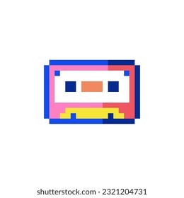 Retro 8 Bit Pixel Art Cassette Tape Icon. Y2K Nostalgic Sticker for Graphic Design, Print, and Decorative Patterns. Classic Games Inspired Symbol.