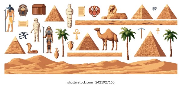 Arte retro de 8 bits píxel Egipto arcade activos, pirámides y dioses, elementos vectoriales. Mamita y arena egipcia, palmeras y esfinge con pañuelo y cobra o símbolos egipcios antiguos para videojuegos de arcada de 8 bits