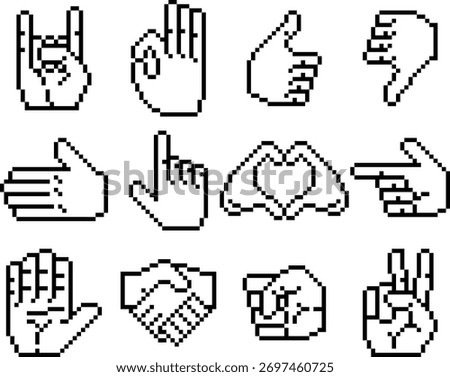 Retro 8 bit pixel art hands showing various gestures including thumbs up, peace sign, handshake, and heart. Minimalist black line style evokes early digital graphics and classic icon set design.