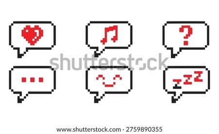Retro 8 Bit Pixel Art Emoji Speech Bubble Icon set. 16bit icon set, pixel style. emoticons heart and music and question mark vector icons.