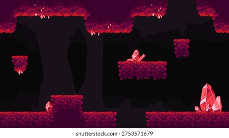 Retro 8 bit pixel cave landscape with platforms and glowing crystals. Side scrolling platform game environment inspired by classic arcade levels. Seamless tileable scene for game design, vector illustration.