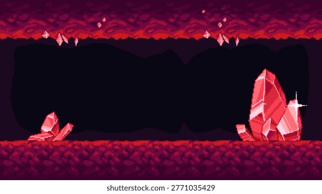 Retro 8 bit pixel cave landscape with platforms and large crystals. Seamless horizontal level scene used for underground platform game environments. Vector illustration.