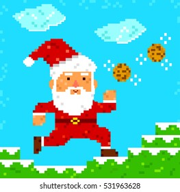 retro 8 bit pixel Santa Clause catching cookies