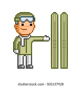Retro 8 bit vector pixel skier on white background.