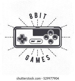 Retro 8 Bit Video Game Joystick from 80's can be used like Badge, Label, Emblem, Sticker, Banner or Poster. Line Art Print Press Style. Vintage Design. Vector Illustration.