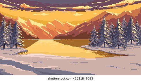 Paisaje de invierno retro de 8 bits. Montañas nevadas y bosque con árboles, fondo de pixel art para juego retro. Panorama invernal nevado del Vector.