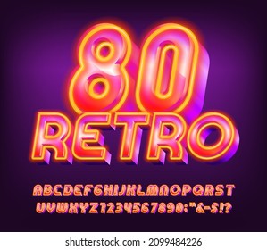 Retro 80 alphabet font. 3D glowing letters and numbers. Stock vector typescript for your typography in retro 80s style.