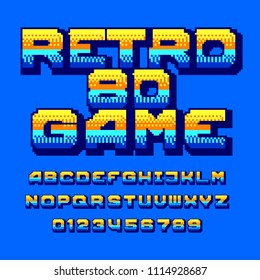 Retro 80 computer game alphabet font. Colorful pixel gradient letters and numbers. Arcade video game typography.