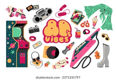 Retro 80s, 1980s vibe set. Nostalgia of 90s, soda, game machine, cassette, boombox, vinyl, lava lamp, roller skate. Retrowave stickers. Eighties style flat isolated vector illustration on white