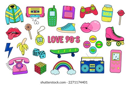 Retro 80s 90s clipart set. Neon colors y2k fashion patch, badge, emblem, stickers.