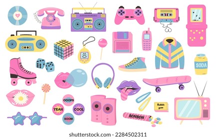 Retro 80s 90s clipart set. Pink pastel colors y2k glamour fashion patch, badge, emblem, stickers. 