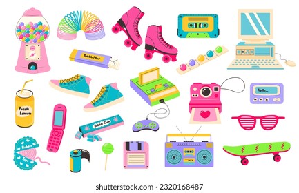 Retro 80s 90s clipart set. Cute y2k glamour fashion patches, badges, emblems, stickers. Modern flat cartoon style.