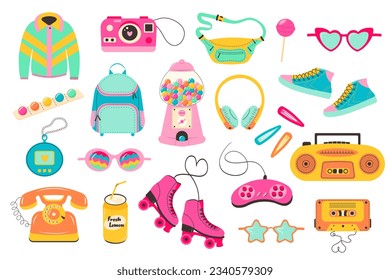 Retro 80s 90s clipart set. Cute y2k glamour fashion patches, badges, emblems, stickers. Modern flat cartoon style. Trendy old school collection.