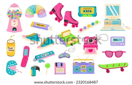 Retro 80s 90s clipart set. Cute y2k glamour fashion patches, badges, emblems, stickers. Modern flat cartoon style.