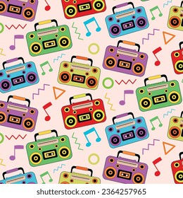 Retro 80s 90s Colorful Boombox patrón sin fisuras con notas musicales. Para tapiz retro, afiches y fondos. 