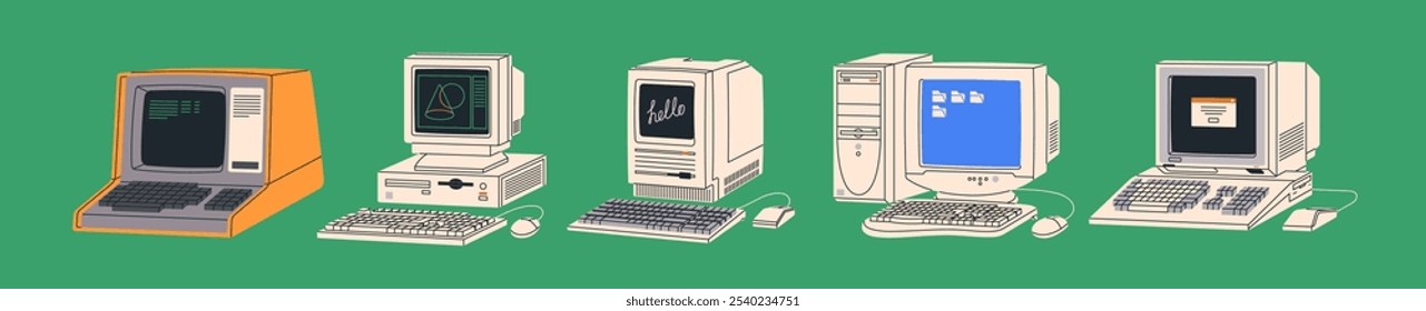 Conjunto de computadores retro 80s e 90s. Tecnologia antiga, máquinas de computação dos anos 80 com monitor, teclado. Histórico da tecnologia do PC. Equipamento de desktop, dispositivos eletrônicos dos anos 90. Ilustrações isoladas de vetores planos