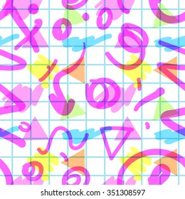 Retro 80s or 90s fashion style abstract seamless pattern background. Memphis inspired. Good for vintage textile fabric design, wrapping paper and website wallpapers. Vector illustration.  