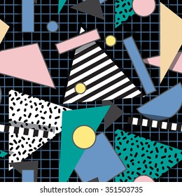 Retro 80s or 90s fashion style abstract seamless pattern background. Memphis inspired. Good for vintage textile fabric design, wrapping paper and website wallpapers. Vector illustration. 