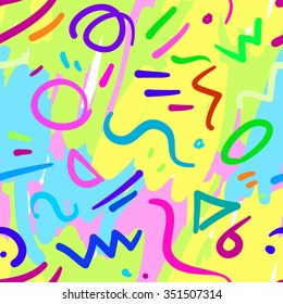 Retro 80s or 90s fashion style abstract seamless pattern background. Memphis inspired. Good for vintage textile fabric design, wrapping paper and website wallpapers. Vector illustration. 