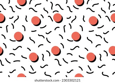 Retro 80's - 90's memphis seamless mamphis pattern with red and black dots on white background.