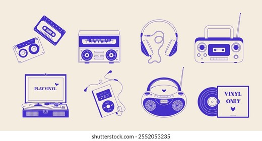 Retro 80s 90s music elements. Vintage analog audio devices cassette vinyl record, old stereo radio equipment, nostalgic hipster icons. Vector doodle set