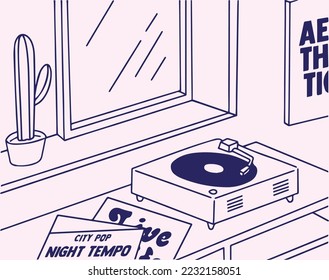 Retro 80s 90s Nostalgic aesthetic cartoon style background with a vintage music stuff such as turntable and vinyl. Linear Vaporwave wallpaper. Trendy, nostalgic, colorful style 80s, 90s.