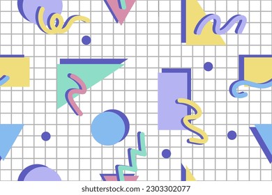 Retro 80's - 90's seamless pattern with geometric shapes in memphis style. Vector illustration