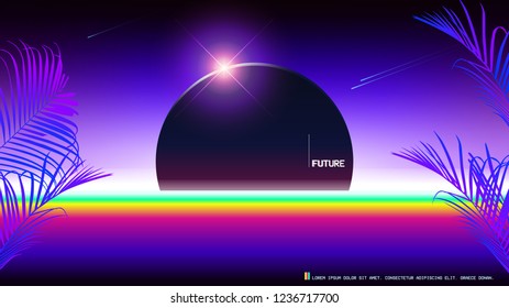Retro 80s - 90s style futuristic planet and tropical plant landscape background template