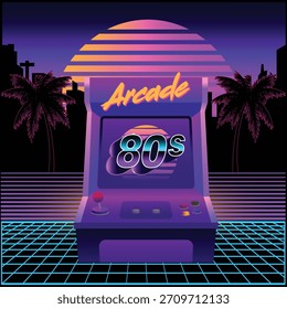 Ilustración de máquina arcade retro de los años 80 con luces de neón, vibrantes colores de onda sintética, palmeras y piso de rejilla. Perfecto para pósters de juegos, temas de nostalgia, arte digital y diseños retro vintage.
