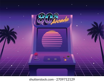 Retro 80s arcade machine with neon lights, synthwave sunset, palm silhouettes, and glowing grid floor. Perfect for vintage gaming themes, nostalgic artwork, posters, and digital designs.