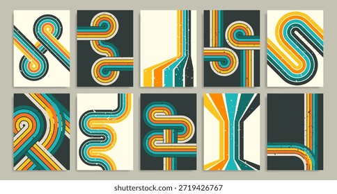 Conjunto de póster de fondo retro de los años 80 con diseño de patrón de línea curva y rayas de colores vintage. Composiciones abstractas geométricas con Formas fluidas para proyectos gráficos nostálgicos o arte de pared decorativo.