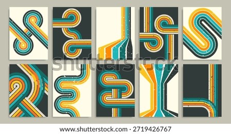 Retro 80s background poster set with curve line pattern design and vintage colors stripes. Geometric abstract compositions with flowing shapes for nostalgic graphic projects or decorative wall art.