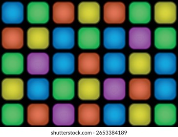 Fondo retro de los años 80 con cuadrados. Formas geométricas de neón que brillan intensamente en el rayo disco negro