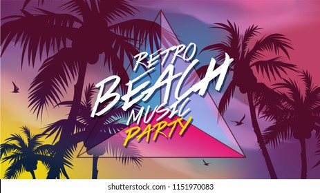 Retro 80's beach music party invitation, banner or cover. Coconut tree at tropical coast, made with vintage warm tones. Triangle eighties element. Background easy editable for poster.