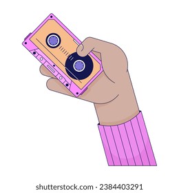 Retro 80s cassette holding linear cartoon character hand illustration. Vintage audio tape outline 2D vector image, white background. 90s audiocassette magnetic editable flat color clipart