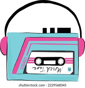 Retro 80s cassette player digital illustration. Isolated vector image