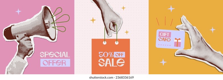 Retro 80s collage set on the theme of SALE. Halftone effect hands in 90s vintage style holding loudspeaker, paper bag and gift card. Vector mixed media illustration, shopping bag in arm.