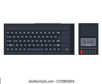 Retro 80s computer with keyboard and cassette player. Line style outline vector. Black keyboard and white abstract letters. Retro style keypad and basic computer. 